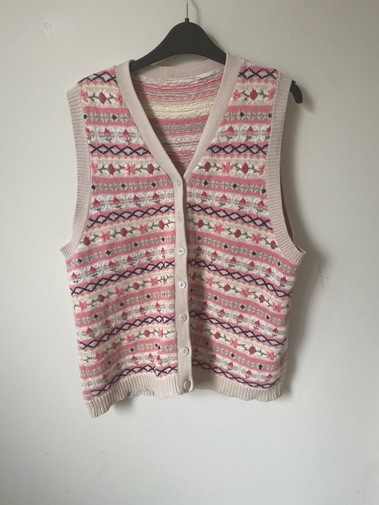 Sweaters - Pink Patterned Knit Button-Up Sweater Vest